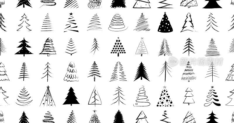 Hand Drawn Christmas Tree Vector Icon Seamless Pattern